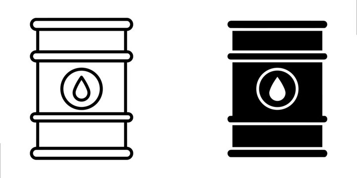 Oil barrel icon set, outline and solid black glyph with oil drop symbol, crude oil petroleum drum vector for energy, fuel and industry design