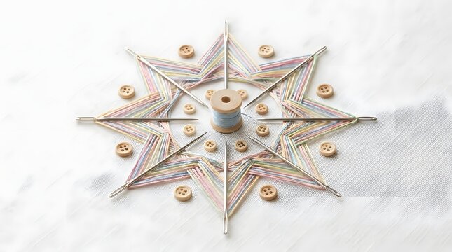 Christmas star shape made of colorful sewing threads and needles