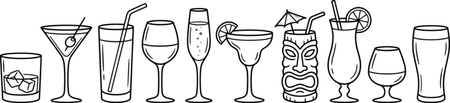 Cocktail glass outline icons set, old fashioned, martini, margarita, champagne flute, wine glass, tiki mug and highball drinkware vector for bar and restaurant menu