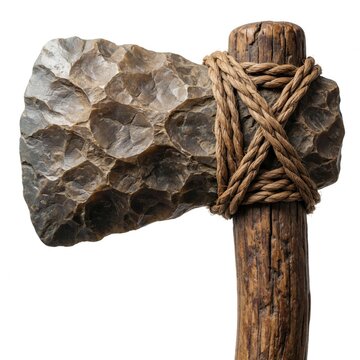 Primitive stone axe with wooden handle tied by rope. Ancient flint tool for hunting survival. Old archeological artifact shows prehistoric craftsmanship, natural materials. Stone head attached to