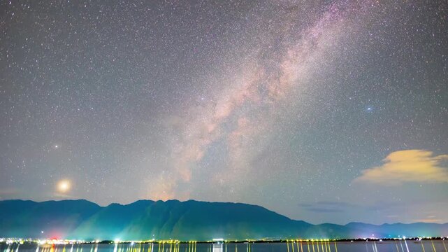 Milky Way arching over Erhai Lake at night with illuminated shoreline and mountain silhouette, Dali, Yunnan