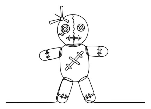 Stitched rag doll with pins in spooky line art