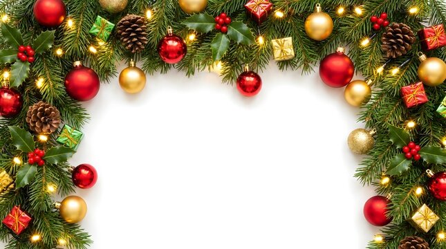 Christmas garland frame with red and gold baubles, pine cones, and gift boxes isolated on white background