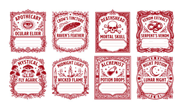 Gothic potion labels in ornate red vintage style