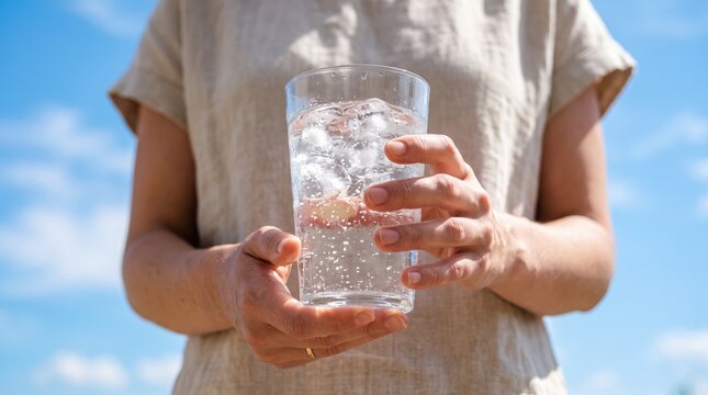 Woman holding glass of fresh sparkling water with ice cubes outdoors under bright blue sky hydrating after exercise promoting healthy lifestyle hydration and refreshing summer