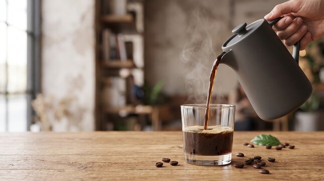 Fresh hot coffee being poured from a modern dark carafe into a clear glass with rising steam and scattered coffee beans on a wooden surface