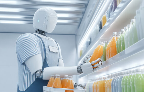 Humanoid robot restocking drinks from the backroom of a convenience store