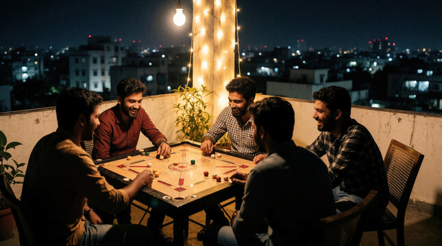 Group of young men play carrom board game on urban rooftop terrace at night. Male friends enjoy social gathering, leisure time under bright lights. Friends laugh, compete during fun evening pastime