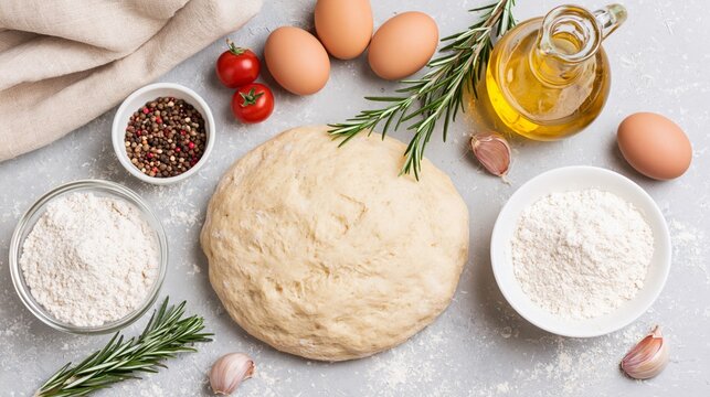 Homemade bread or pizza dough surrounded by flour, eggs, olive oil, rosemary, garlic and tomatoes on a kitchen surface, photographed from above