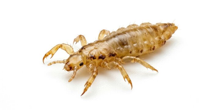Close-up of a single louse insect on a white background.