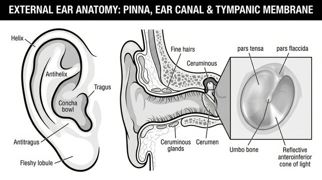 Anatomical Diagram External Ear Structure Human Medical Illustration.