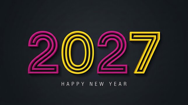 2027 happy new year typography with magenta and yellow linear numbers on a dark gray background, 3 d style