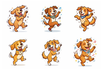 Fototapeta premium Set of happy cartoon dogs dancing and celebrating with music notes and stars isolated on white background