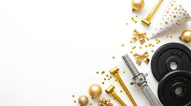 Black 5kg dumbbell weight plates, metallic handle, and gold party decorations including confetti, baubles, and hats on white background