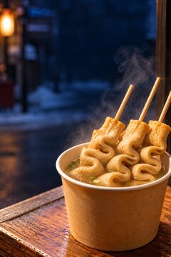 Steaming Korean eomuk fish cake skewers in a paper cup on a winter evening
