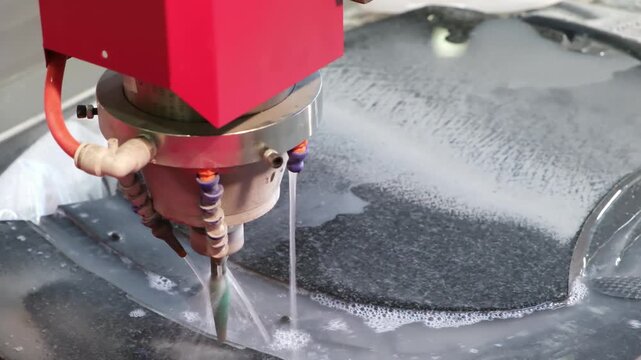 An industrial CNC machine uses  milling cutter to carve pattern onto  stone slab for funeral monuments.