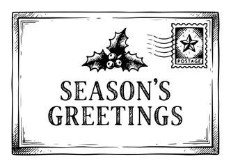 Vintage holiday postcard with seasons greetings text and holly leaves in woodcut style © AnjaliDesai