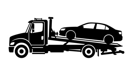 Fototapeta premium Towing Service Icon: A tow truck with a car loaded on its flatbed, rendered in a simple, striking black silhouette, perfect for illustrating roadside assistance or transport services.