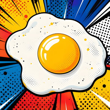 Bold pop art of a fried egg with a bright golden yolk against a colorful comic-style background with dynamic rays and halftone patterns.