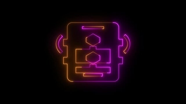 Neon glowing data structure icon with abstract geometric shapes on black background glowing diagram abstract