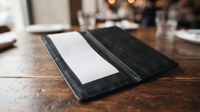 Blank receipt in a black leather bill presenter on a rustic wooden restaurant table with blurred background