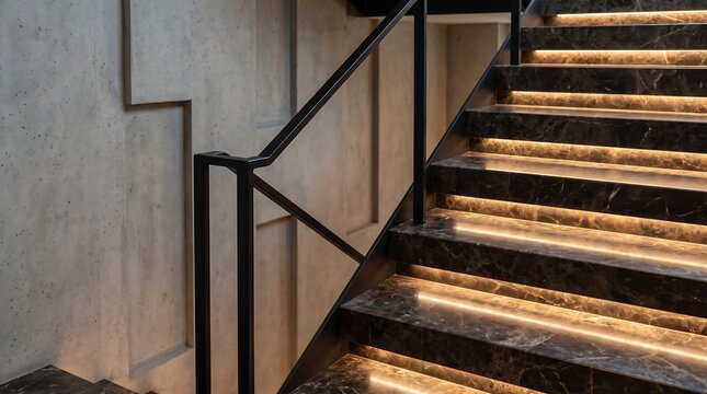 Modern Staircase with Integrated LED Lighting and Marble Treads.