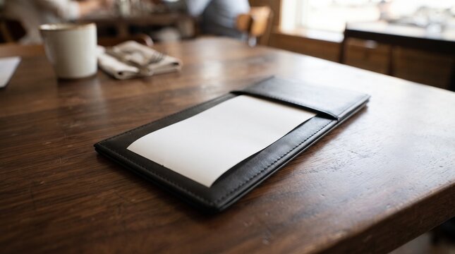 A blank white thermal receipt paper waits patiently in a sleek black check presenter, resting on a rustic wooden restaurant table, ready for a bill or message