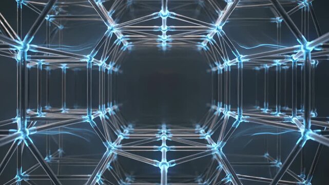 Blue hexagon tunnel with glowing geometric nodes