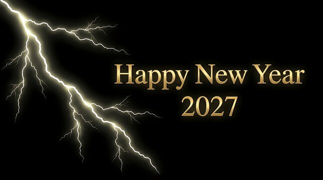 Happy new year 2027 text in gold font with a bright white lightning bolt strike on a solid black background, holiday celebration