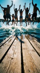 Fototapeta premium Group of young friends jump from wooden pier into blue lake water. Happy people splash in summer sun during outdoor vacation. Silhouettes of men, women leap from dock for fun recreation activity in