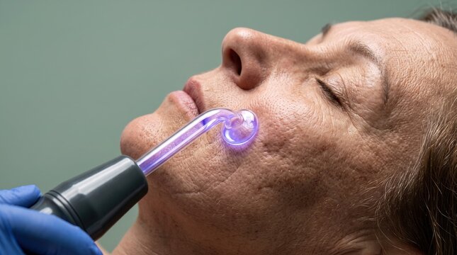 Mature woman receiving high frequency facial wand treatment for skin tightening and acne scar repair