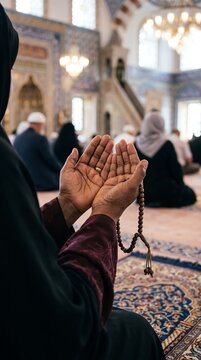 Woman praying with rosary beads in mosque during prayer time.