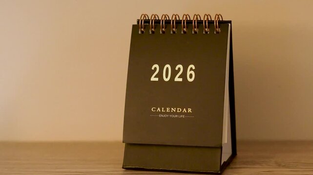 Olive green 2026 desk calendar with gold lettering standing on a wooden shelf against a warm beige wall, minimal still life with copy space, concept of new year planning, goals and time management