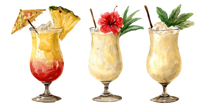 Watercolor illustration of three pina colada cocktails with tropical garnishes, featuring a red layered drink, a white drink with a flower, and a green mint garnish