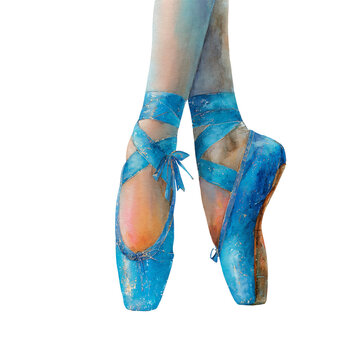 Watercolor illustration clipart cutout of a ballet dancer's feet in blue pointe shoes with ribbons, showcasing the elegance of ballet dance in a minimalist style