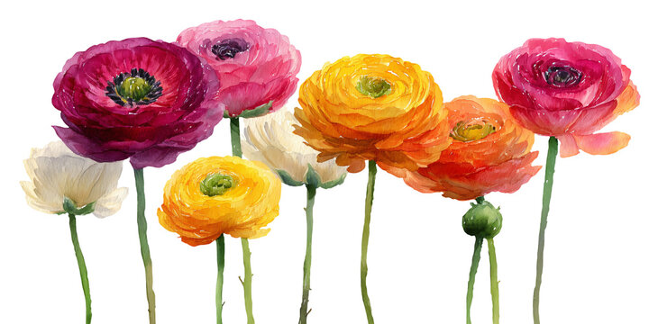 Watercolor illustration of various colorful ranunculus flowers with distinct petals and stems, showcasing a vibrant arrangement on a white background