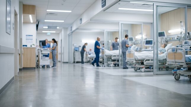 Medical staff attending patients in modern hospital ward with copy