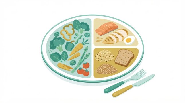 Plate shows a balanced meal for diabetes management with vegetables, grains, protein, and healthy fats. Ideal for maintaining blood glucose levels.