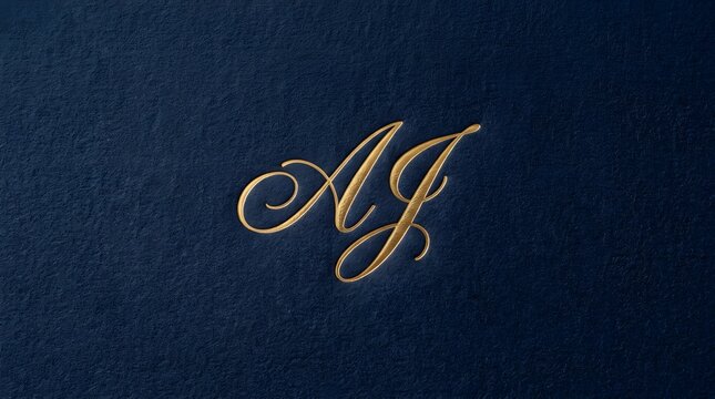 Elegant golden aj letters monogram logo design with a luxury shiny metallic script font on a dark textured paper surface