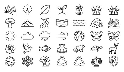 Fototapeta premium Ecosystem Nature Environmental Linear Outline Icons Set