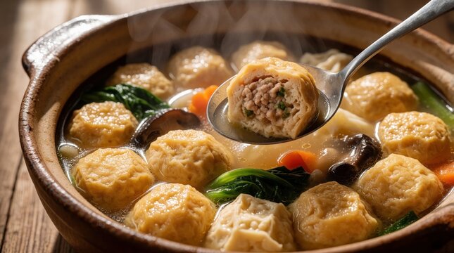 Hot young tau foo soup in clay pot. Hakka Chinese dish with stuffed tofu balls, mushrooms, carrots, green veg. Steaming meal served in bowl for lunch dinner. Delicious Asian cuisine with meat fish