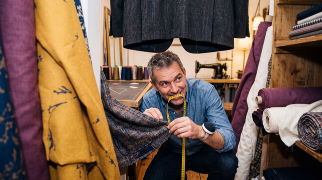 Tailor Pinning a Hem Beneath a Hanging Garment