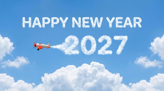 Small red and white airplane flying in a clear blue sky, leaving a cloud trail that forms the text happy new year 2027