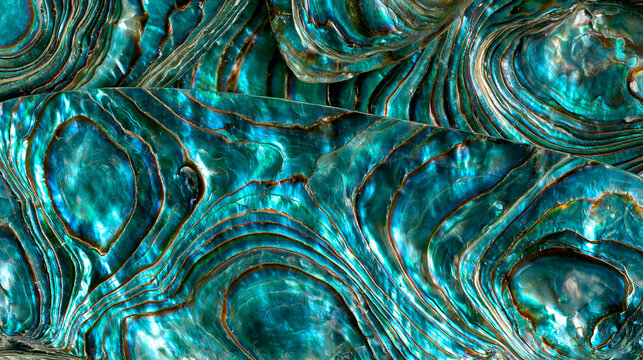 A minimalist three-panel split-screen photo collage, aesthetic style featuring a close-up of a polished abalone shell with iridescent blue and green hues