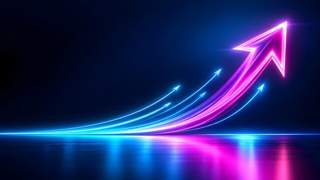 Futuristic neon light trails forming an upward arrow representing business growth and technological progress