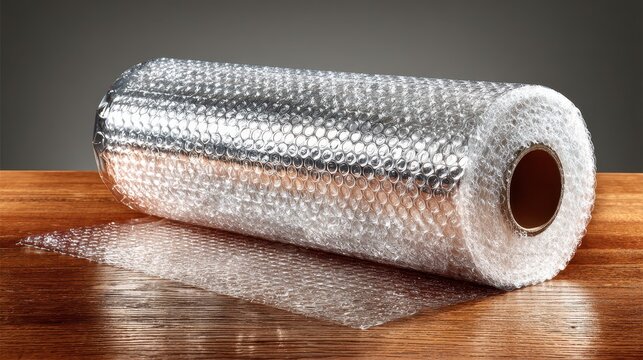 A roll of clear plastic bubble wrap rests on a polished wooden surface. It is used for protecting fragile items during shipping and storage.