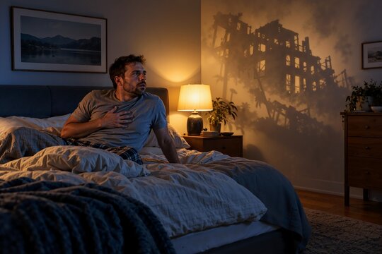 Distressed man waking up from nightmare with collapsed building shadow on bedroom wall. Sleep disturbance and post traumatic stress disorder concept