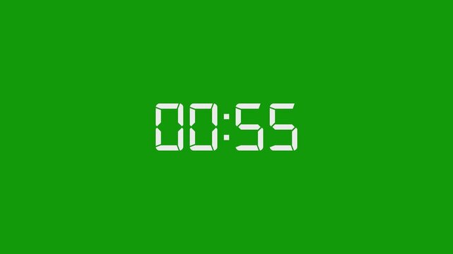 1 Minute countdown animation on green background. 1 minute digital timer on stopwatch on green background.