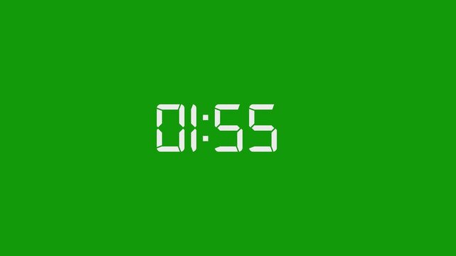 2 Minute countdown animation on green background. 2 minute digital timer on stopwatch on green background.