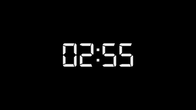 3 Minute countdown animation on black background. 3 minute digital timer on stopwatch on Alpha channel